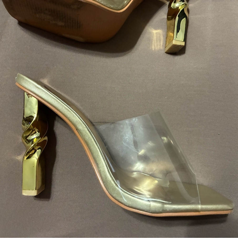 Gold and Tan Heeled Sandals